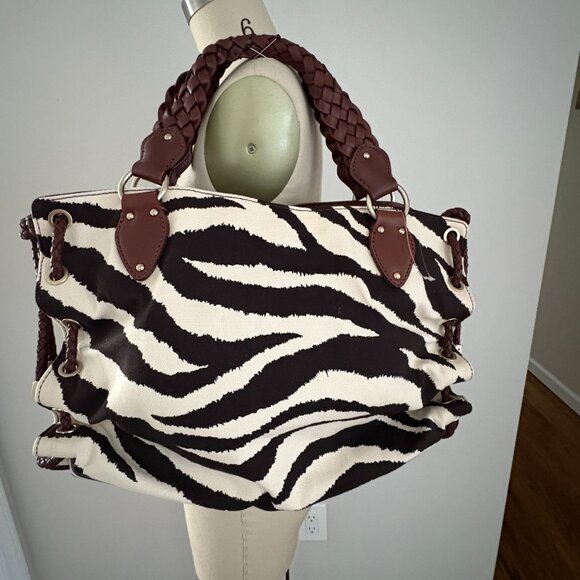 Michael Kors Cream Brown Zebra Canvas Purse Brown Leather Braided Handle New - Picture 2 of 10